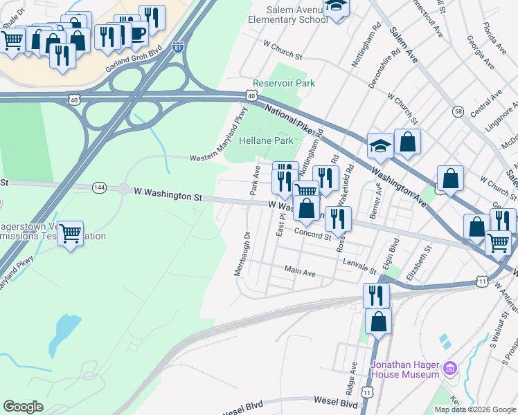 map of restaurants, bars, coffee shops, grocery stores, and more near 1121 West Washington Street in Hagerstown
