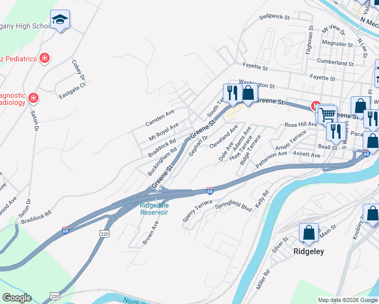 map of restaurants, bars, coffee shops, grocery stores, and more near 821 Gephart Drive in Cumberland