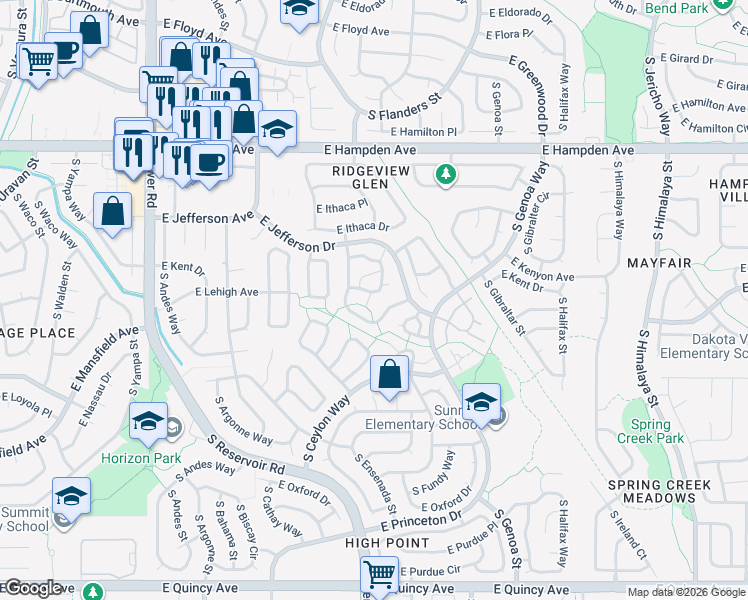 map of restaurants, bars, coffee shops, grocery stores, and more near 3758 South Danube Circle in Aurora