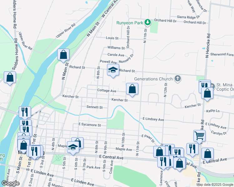 map of restaurants, bars, coffee shops, grocery stores, and more near 942 Cottage Avenue in Miamisburg