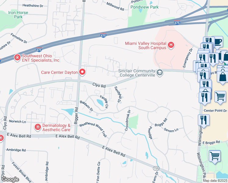 map of restaurants, bars, coffee shops, grocery stores, and more near 6611 Brigham Square in Centerville