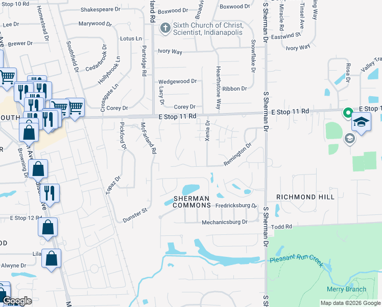 map of restaurants, bars, coffee shops, grocery stores, and more near 8124 Sheroak Court in Indianapolis
