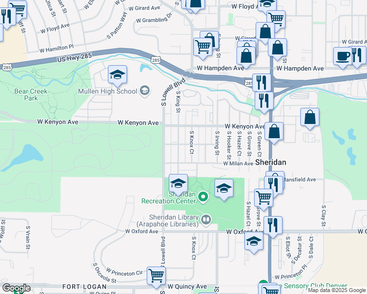 map of restaurants, bars, coffee shops, grocery stores, and more near 3474 West Lehigh Avenue in Denver
