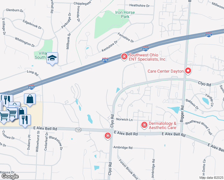 map of restaurants, bars, coffee shops, grocery stores, and more near 6683 Centerville Business Pkwy in Dayton