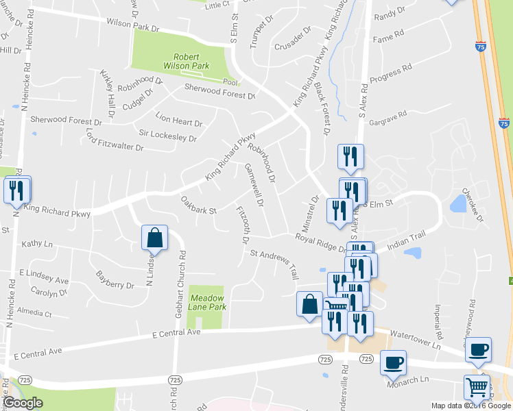 map of restaurants, bars, coffee shops, grocery stores, and more near 573 Gamewell Dr in Miamisburg