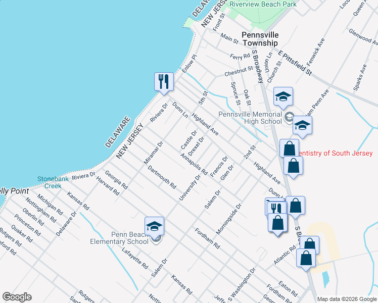 map of restaurants, bars, coffee shops, grocery stores, and more near 21 Drexel Drive in Pennsville Township