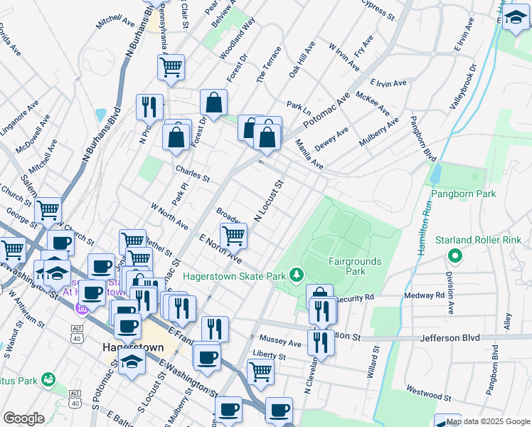 map of restaurants, bars, coffee shops, grocery stores, and more near 532 North Locust Street in Hagerstown