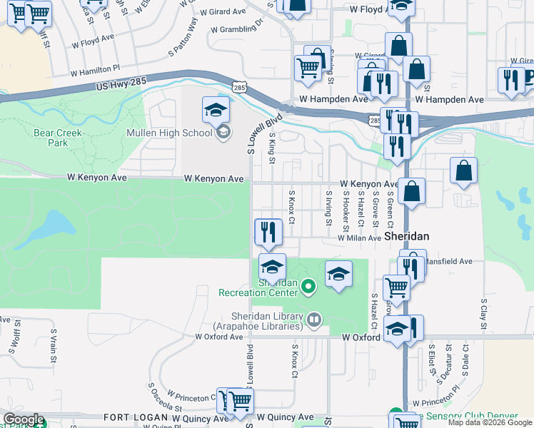 map of restaurants, bars, coffee shops, grocery stores, and more near 3530 West Lehigh Avenue in Denver