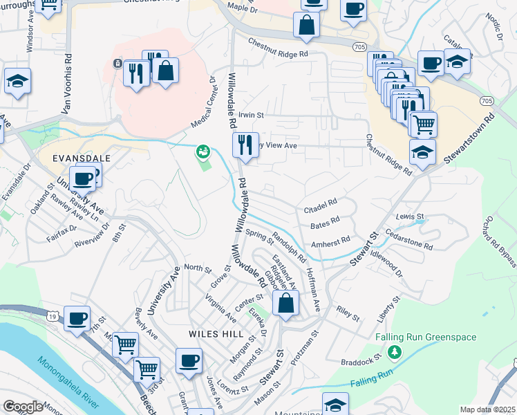 map of restaurants, bars, coffee shops, grocery stores, and more near 294 Richland Avenue in Morgantown