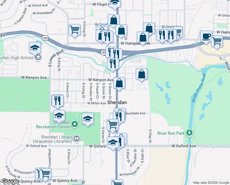 map of restaurants, bars, coffee shops, grocery stores, and more near 3751 South Federal Boulevard in Englewood