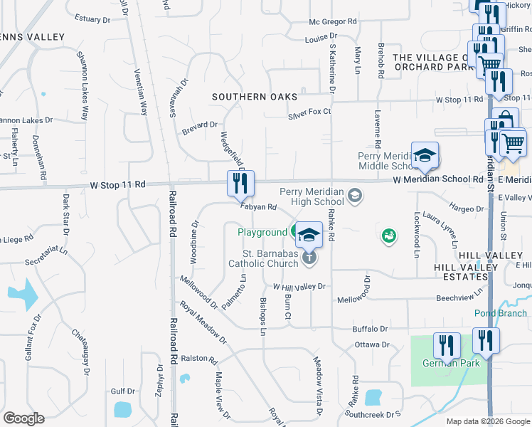 map of restaurants, bars, coffee shops, grocery stores, and more near 705 Fabyan Road in Indianapolis