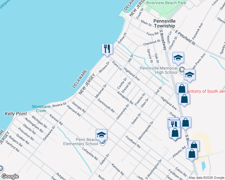 map of restaurants, bars, coffee shops, grocery stores, and more near 141 Annapolis Road in Pennsville Township