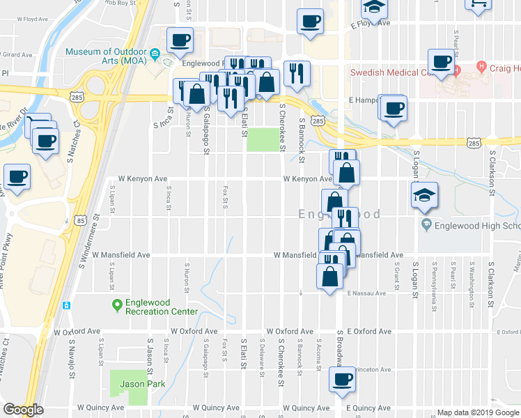 map of restaurants, bars, coffee shops, grocery stores, and more near 3785 South Delaware Street in Englewood