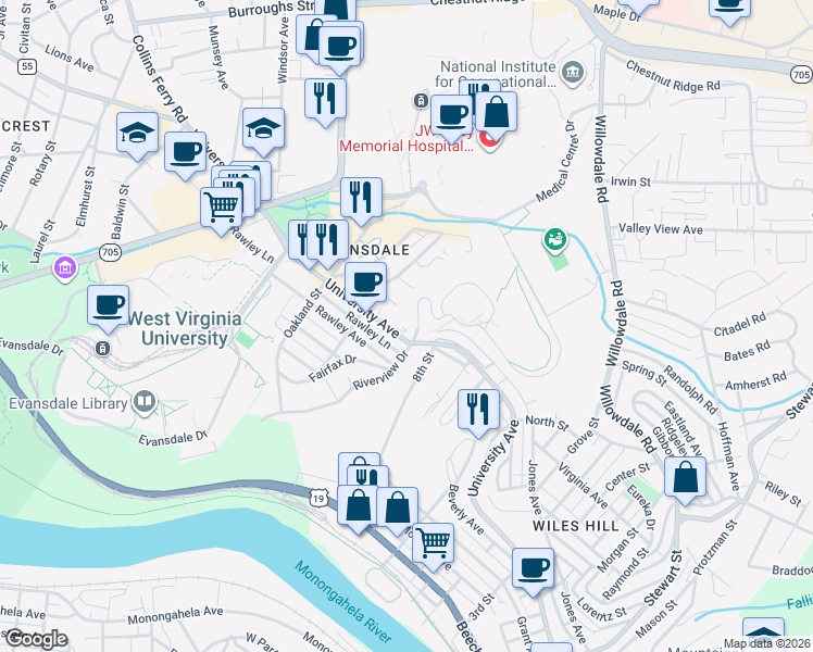 map of restaurants, bars, coffee shops, grocery stores, and more near 2858 University Avenue in Morgantown