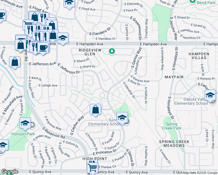 map of restaurants, bars, coffee shops, grocery stores, and more near 3752 South Ensenada Street in Aurora