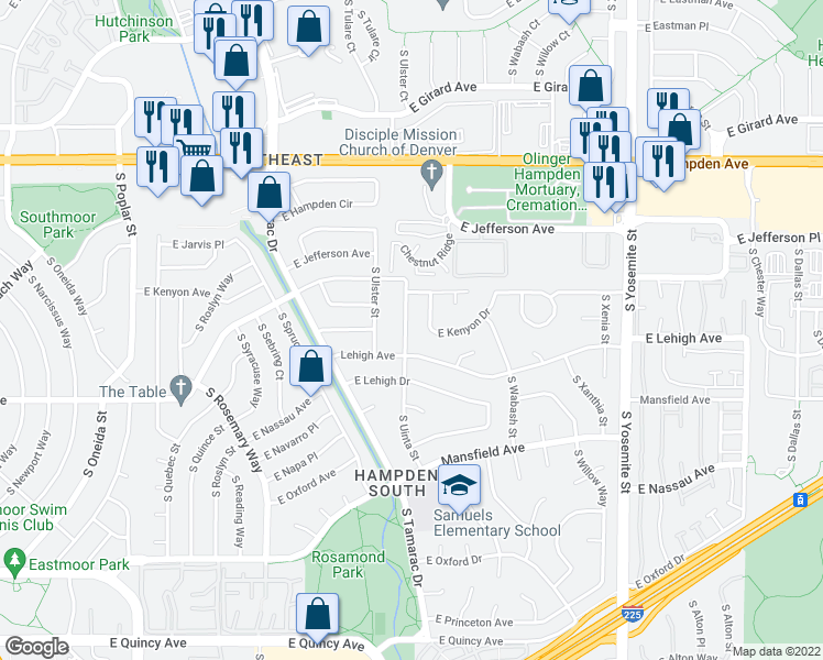 map of restaurants, bars, coffee shops, grocery stores, and more near 3772 South Uinta Street in Denver