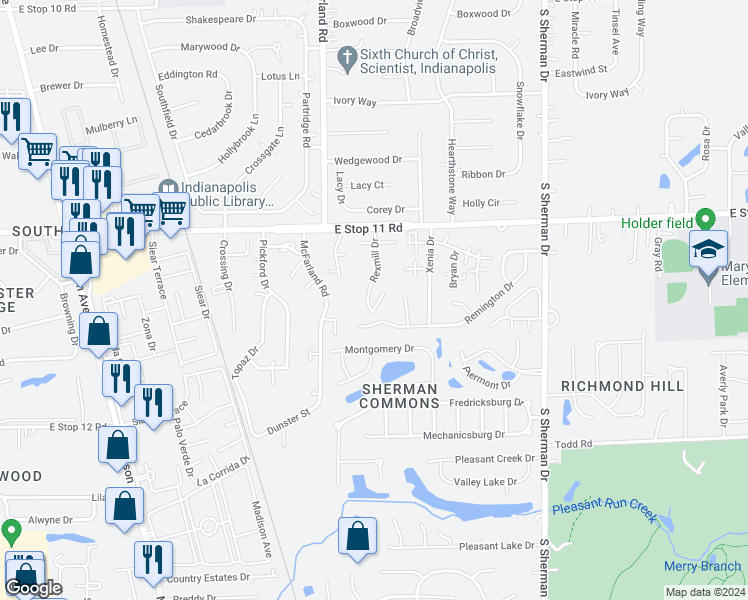 map of restaurants, bars, coffee shops, grocery stores, and more near 8101 Rexmill Drive in Indianapolis