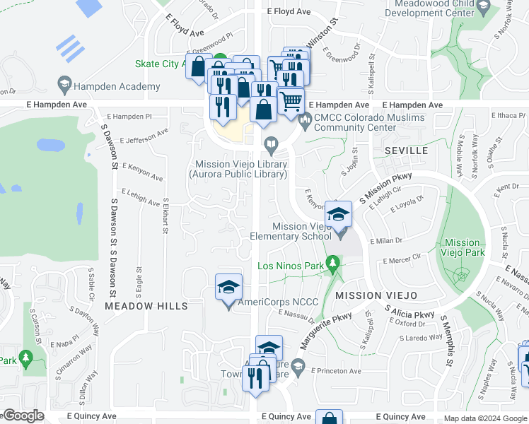 map of restaurants, bars, coffee shops, grocery stores, and more near 15337 East Lehigh Avenue in Aurora