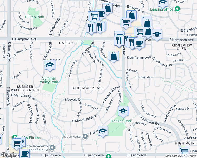 map of restaurants, bars, coffee shops, grocery stores, and more near 3709 S Walden St in Aurora