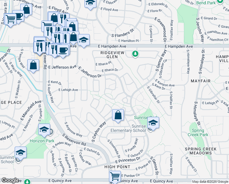 map of restaurants, bars, coffee shops, grocery stores, and more near 3758 South Danube Circle in Aurora