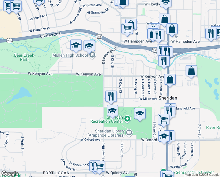 map of restaurants, bars, coffee shops, grocery stores, and more near 3474 West Lehigh Avenue in Denver