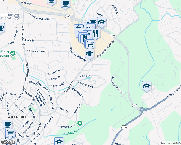 map of restaurants, bars, coffee shops, grocery stores, and more near 432 Wilbourn Street in Morgantown