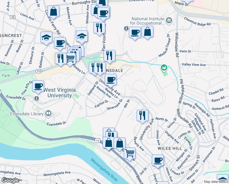 map of restaurants, bars, coffee shops, grocery stores, and more near 2875 University Avenue in Morgantown