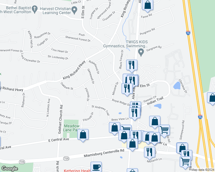 map of restaurants, bars, coffee shops, grocery stores, and more near 1416 Robinhood Drive in Dayton