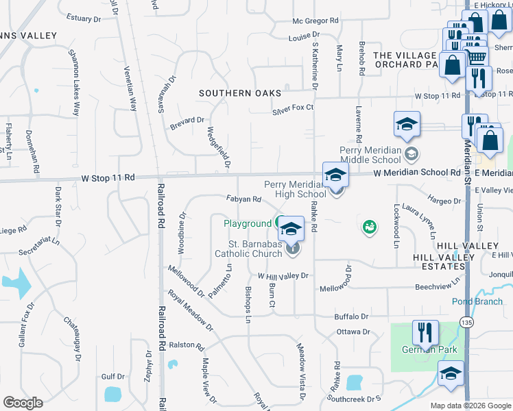 map of restaurants, bars, coffee shops, grocery stores, and more near 705 Fabyan Road in Indianapolis