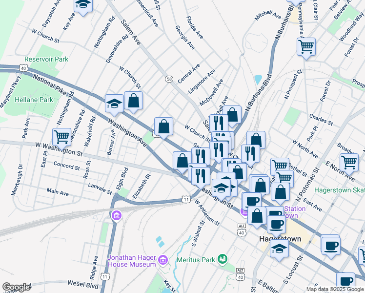 map of restaurants, bars, coffee shops, grocery stores, and more near 534 West Franklin Street in Hagerstown