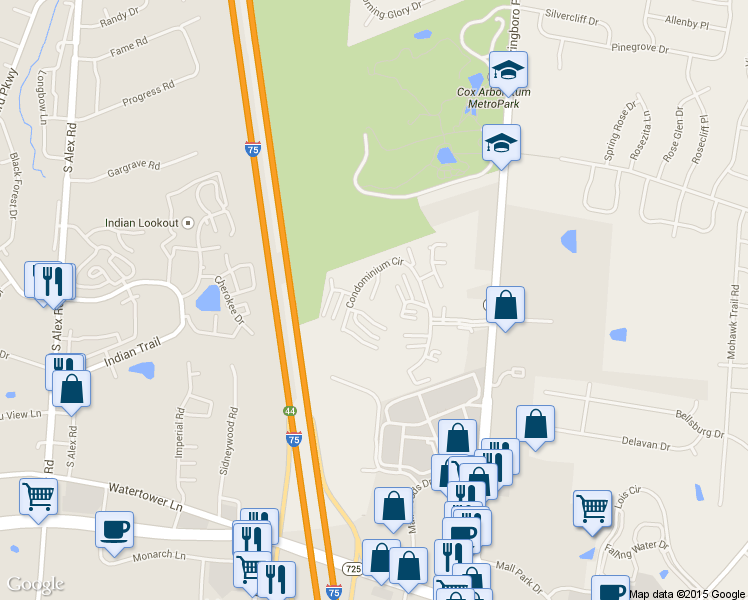map of restaurants, bars, coffee shops, grocery stores, and more near 6466 Quintessa Court in Dayton