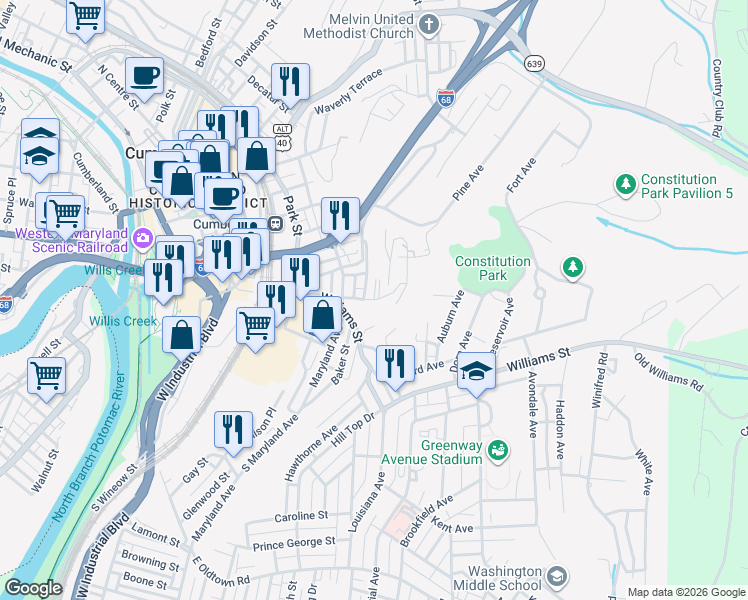 map of restaurants, bars, coffee shops, grocery stores, and more near 408 Broadway Street in Cumberland