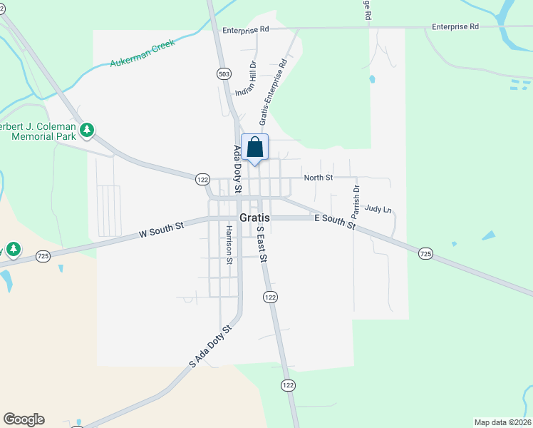 map of restaurants, bars, coffee shops, grocery stores, and more near 102 East South Street in Gratis