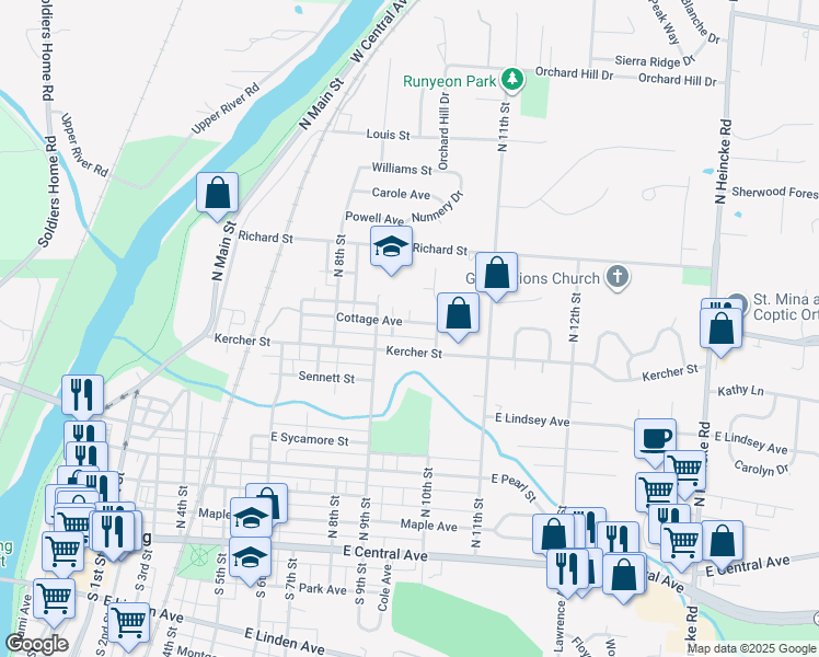 map of restaurants, bars, coffee shops, grocery stores, and more near 942 Cottage Avenue in Miamisburg
