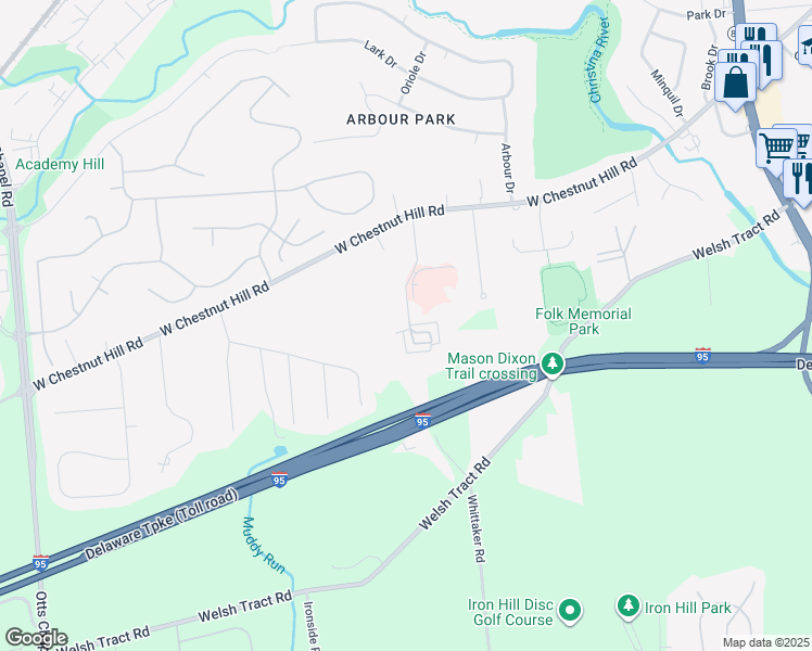 map of restaurants, bars, coffee shops, grocery stores, and more near 2302 Independence Way in Newark