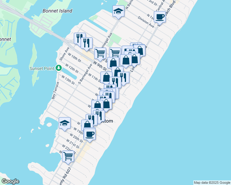 map of restaurants, bars, coffee shops, grocery stores, and more near 1121 Long Beach Boulevard in Beach Haven
