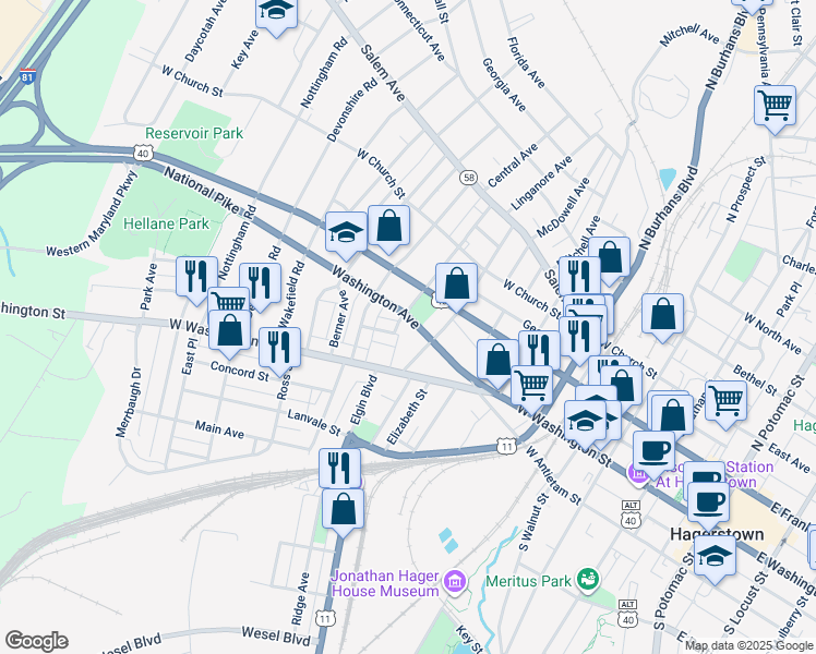 map of restaurants, bars, coffee shops, grocery stores, and more near 727 Washington Avenue in Hagerstown