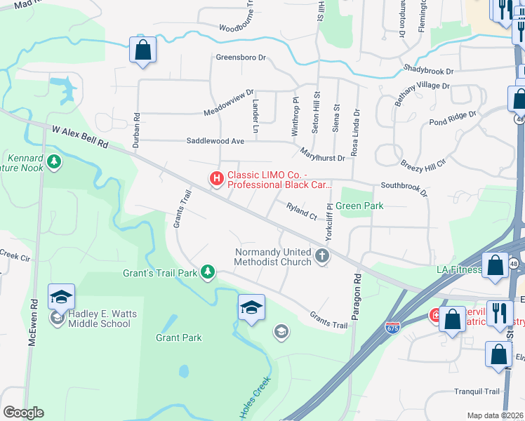 map of restaurants, bars, coffee shops, grocery stores, and more near 539 West Alex Bell Road in Dayton