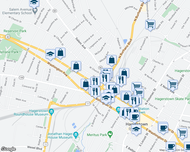 map of restaurants, bars, coffee shops, grocery stores, and more near 127 High Street in Hagerstown