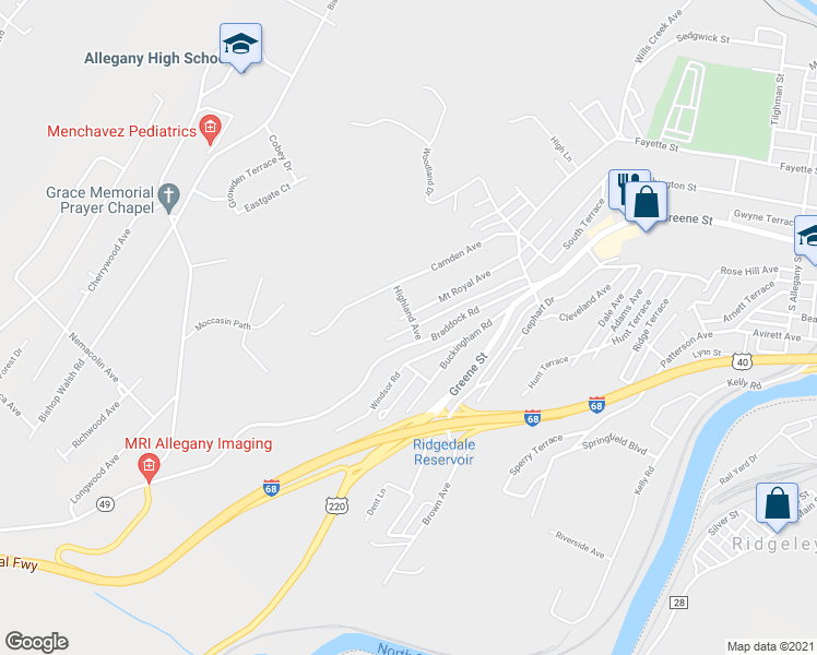 map of restaurants, bars, coffee shops, grocery stores, and more near 813 Highland Avenue in Cumberland