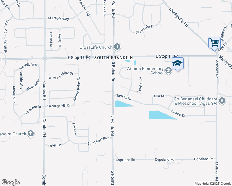 map of restaurants, bars, coffee shops, grocery stores, and more near 7004 Samuel Drive in Indianapolis