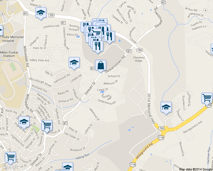 map of restaurants, bars, coffee shops, grocery stores, and more near 432 Wilbourn St in Morgantown