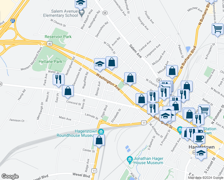 map of restaurants, bars, coffee shops, grocery stores, and more near 43 Alexander Street in Hagerstown