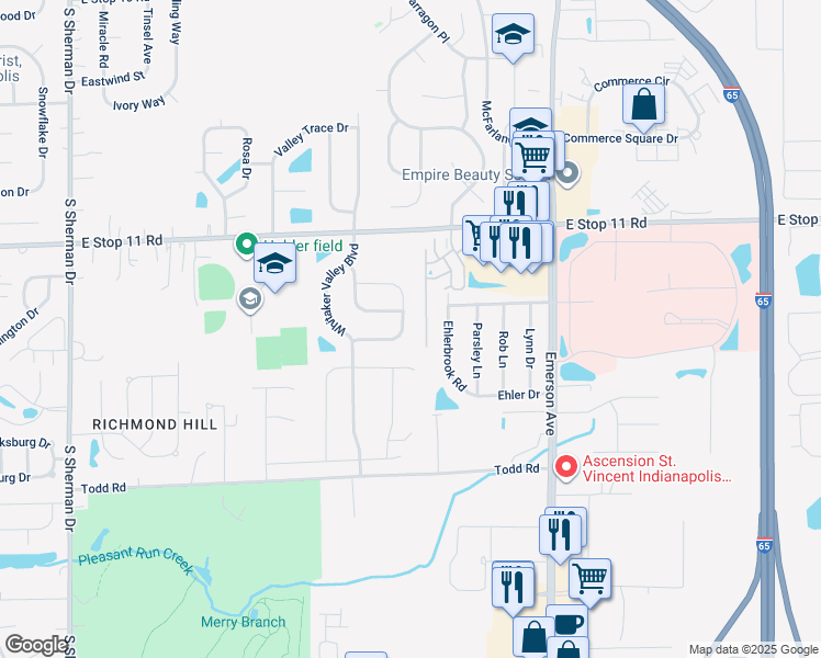 map of restaurants, bars, coffee shops, grocery stores, and more near 8159 Whitham Drive in Indianapolis