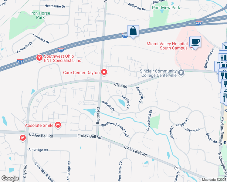 map of restaurants, bars, coffee shops, grocery stores, and more near 6605 Hedington Square in Dayton