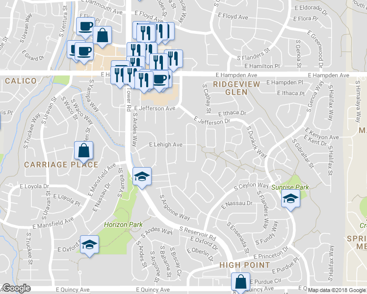 map of restaurants, bars, coffee shops, grocery stores, and more near 18904 East Loyola Circle in Aurora