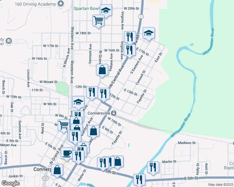 map of restaurants, bars, coffee shops, grocery stores, and more near 1213 North Eastern Avenue in Connersville
