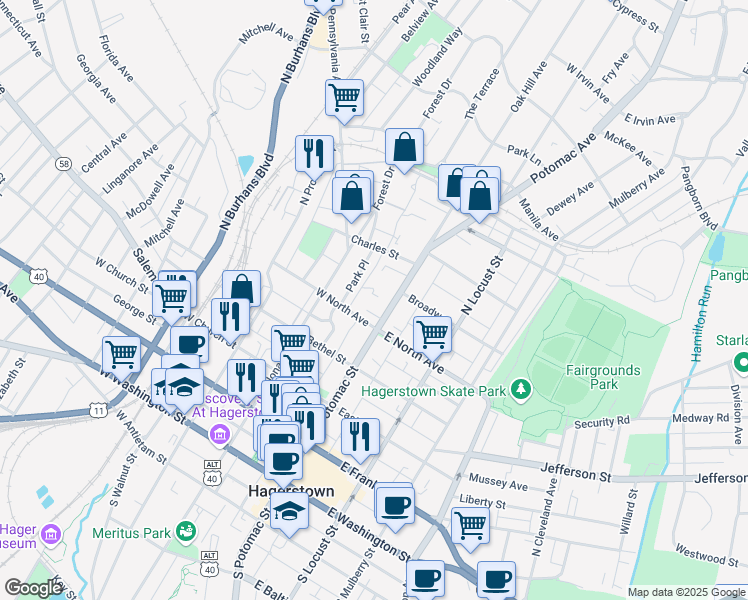 map of restaurants, bars, coffee shops, grocery stores, and more near 425 North Potomac Street in Hagerstown