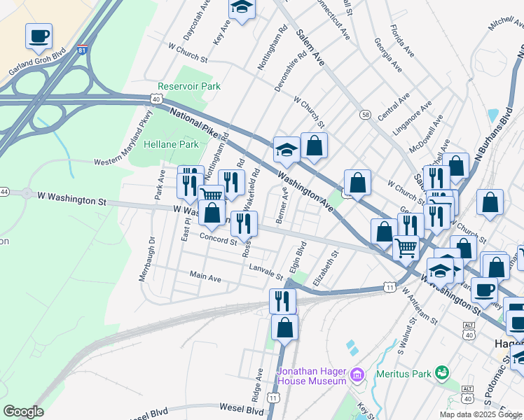 map of restaurants, bars, coffee shops, grocery stores, and more near 15 Avalon Avenue in Hagerstown