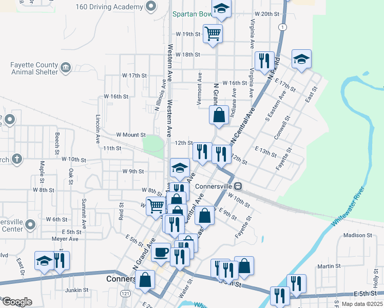 map of restaurants, bars, coffee shops, grocery stores, and more near 216 West 11th Street in Connersville